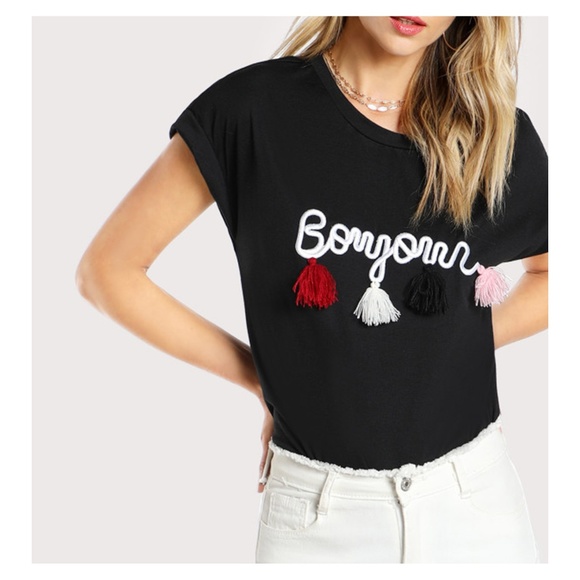 MBM Unlimited Tops - Black Short Sleeve Embroidered Tassel T-Shirt Bonjour